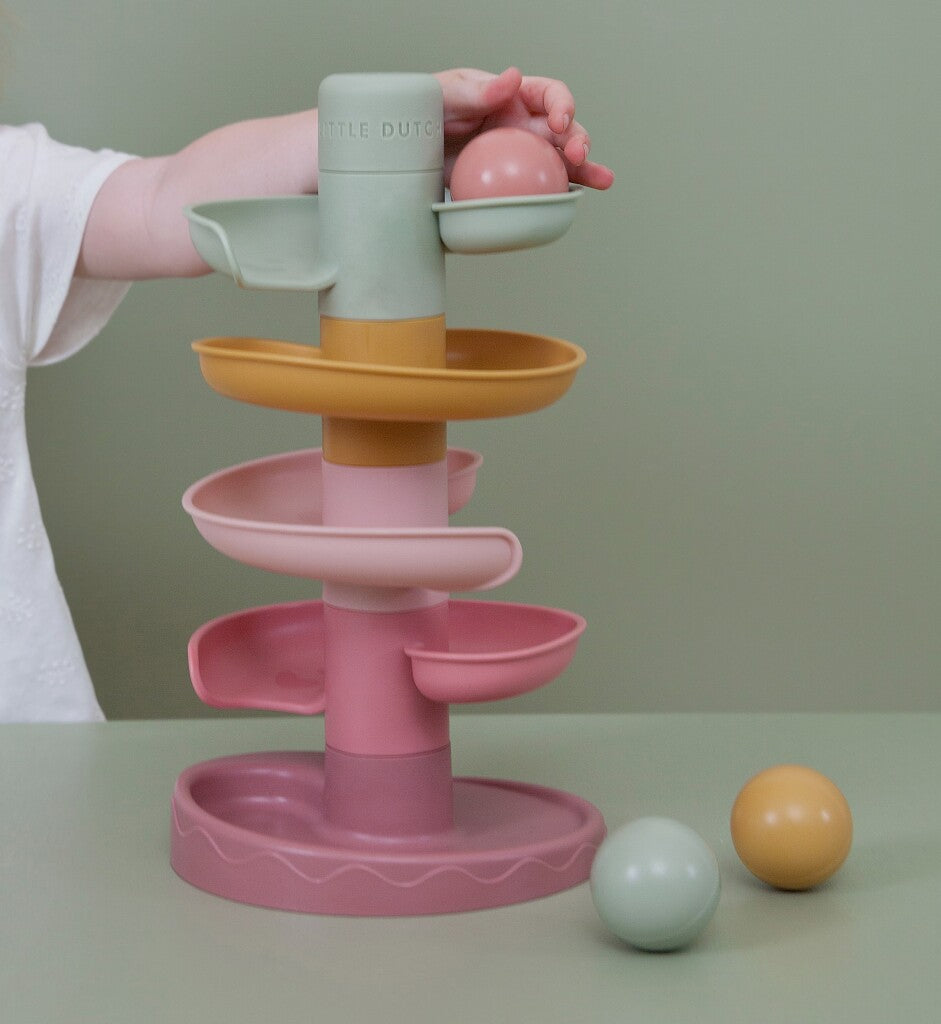 Rubo toys little dutch spiraaltoren roze - knikkerbaan - 5 delen - 3 ballen - stapeltoren