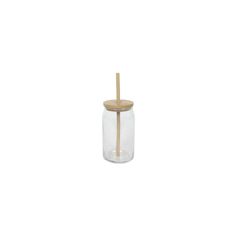 Drinkglas bamboe deksel + rietje 500ml