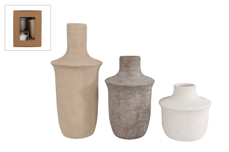 Vaas jae set 3 stuks licht bruin grijs wit aardew 10x10x24cm