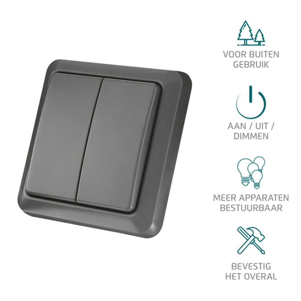 Klikaanklikuit draadloze dubbele wandschakelaar voor buiten knop (grijs)