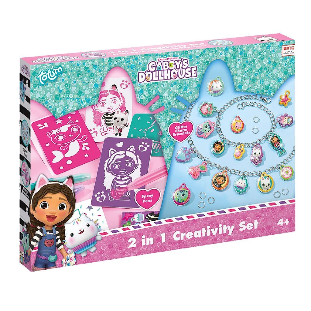 Totum gabby’s poppenhuis knutselset 2 in 1 glitter bedelarmbandjes maken blaaspennen en sjablonen gabby’s dollhouse creatief speelgoed meisjes cadeau tip