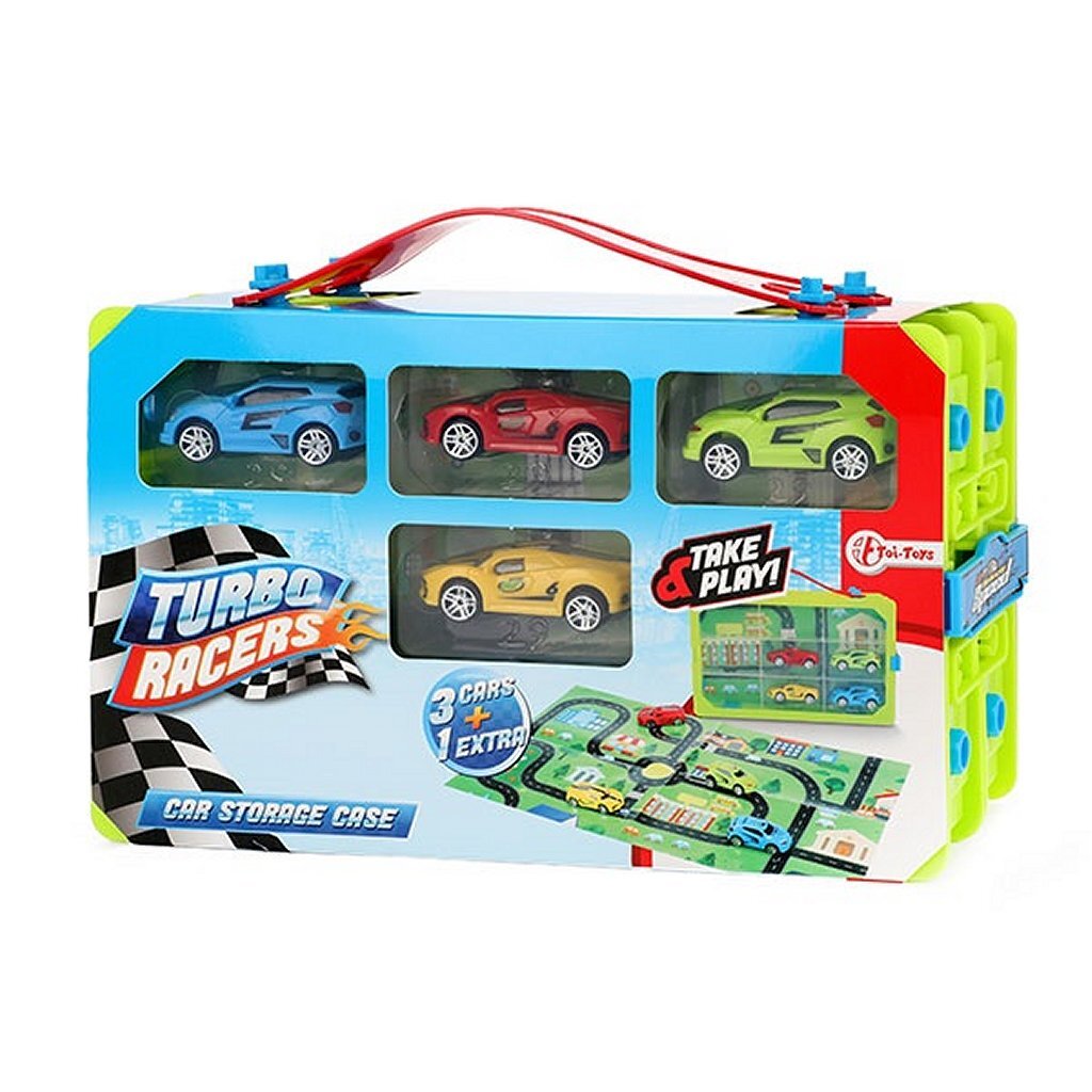 Toi-toys turbo racers verzamelkoffer met auto's en speelkleed, 6dlg.