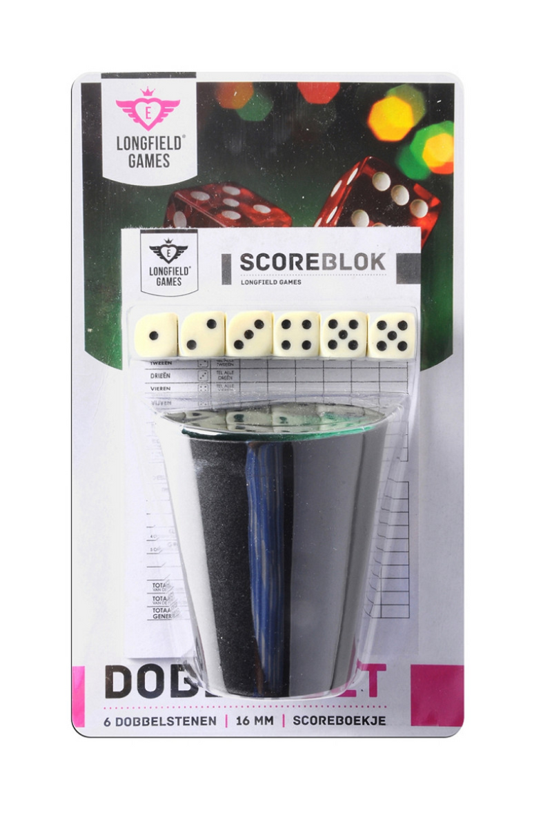 Longfield dobbelset beker+ 6 dobbelstenen en scoreboekje