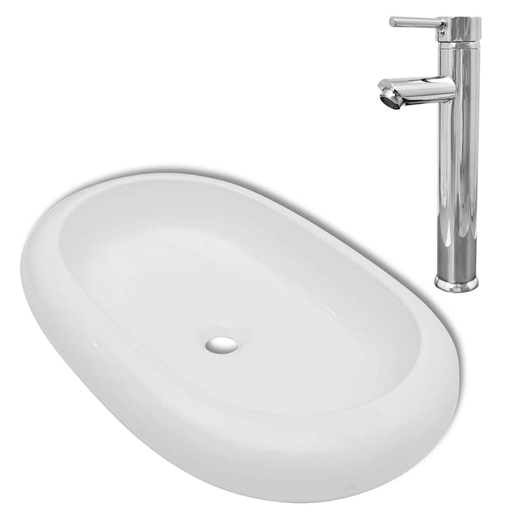 Vidaxl badkamerwastafel met mengkraan ovaal keramiek wit