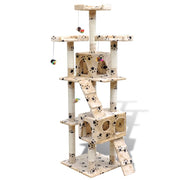 VidaXL Kattenkrabpaal met pootafdrukken en 2 huisjes 170 cm beige - afbeelding 1