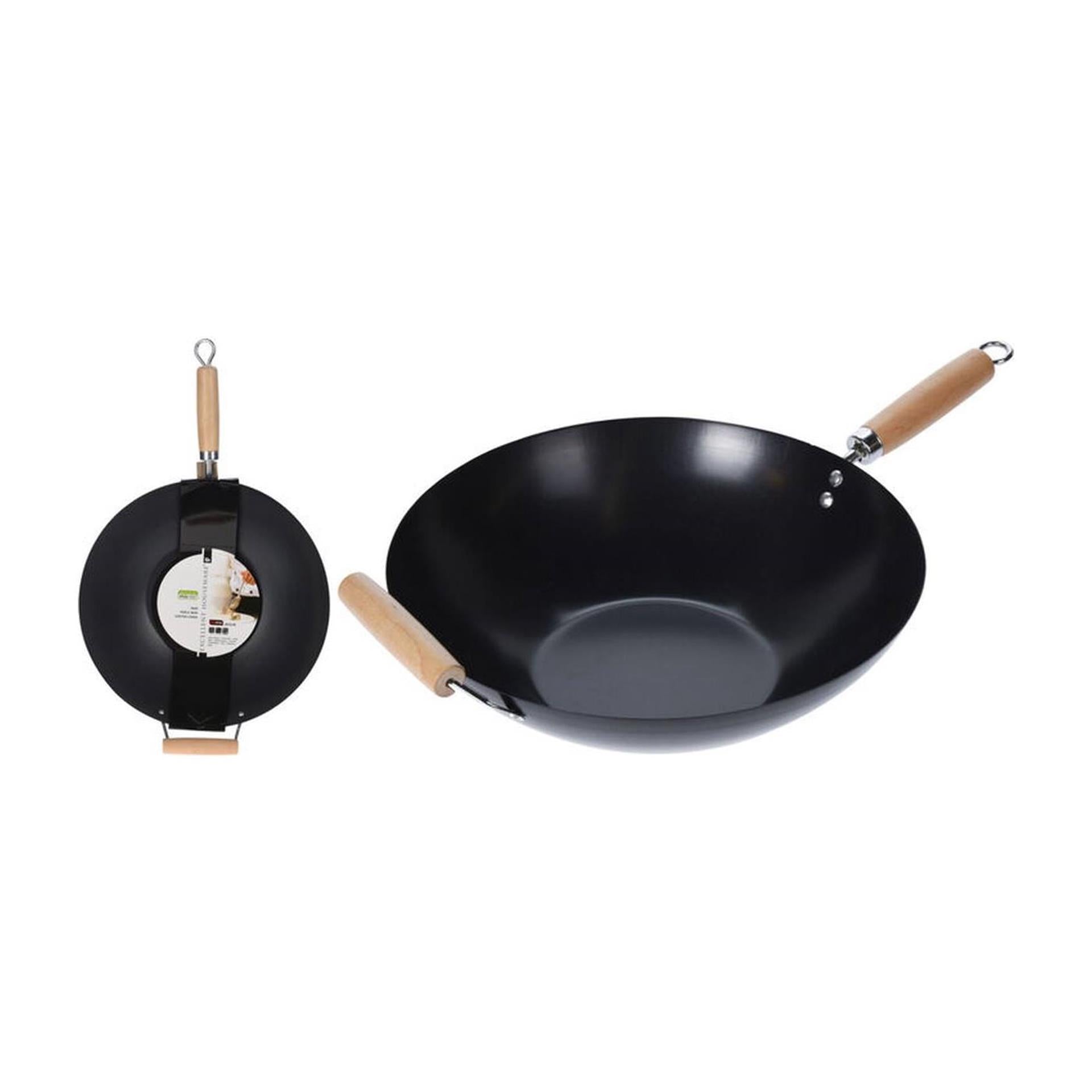 Excellent houseware wok carbon staal ø35cm houten handgreep