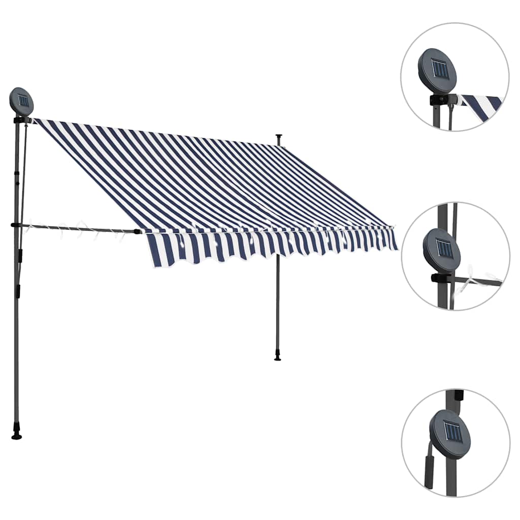 Vidaxl luifel handmatig uitschuifbaar met led 300 cm blauw en wit