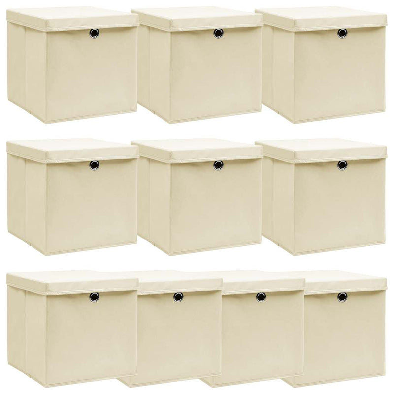 Vidaxl opbergboxen met deksel 10 st 32x32x32 cm stof crèmekleurig