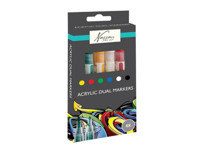 Nassau fine art professionele acrylstiften | 6 verschillende kleuren | doppelmarkers | geschikt voor stenen - schoenen - glas - plastic - hout - kleding