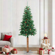 Vidaxl kerstboom met echt hout en dennenappels smal 210 cm pvc groen - afbeelding 1