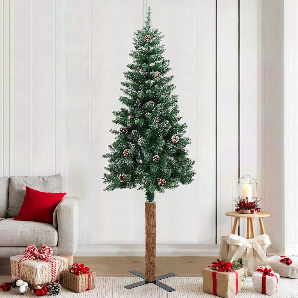 Vidaxl kerstboom met echt hout en sneeuw smal 210 cm groen