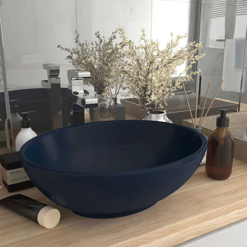 Vidaxl wastafel ovaal 40x33 cm keramiek mat donkerblauw