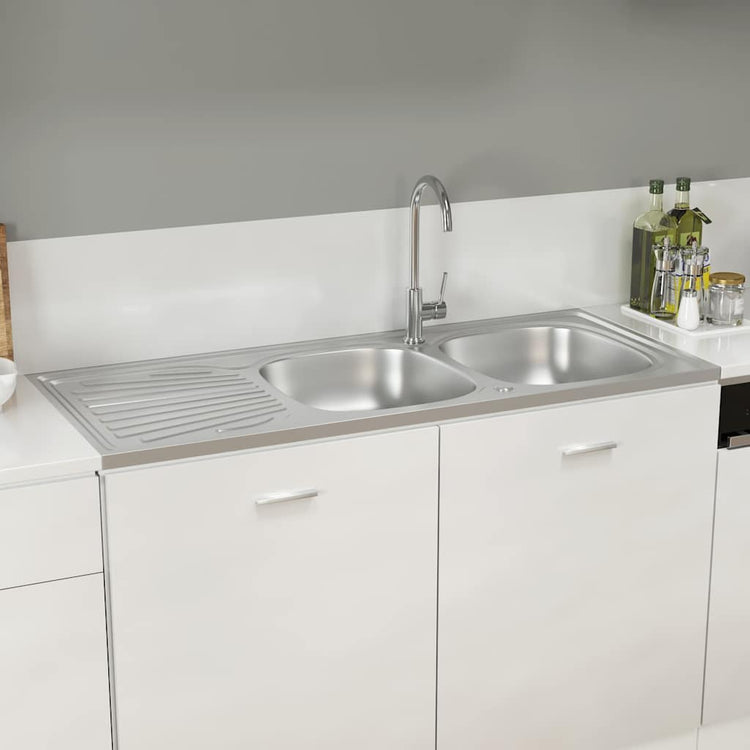Vidaxl gootsteen dubbele bakken 1200x500x155 mm roestvrij staal zilver