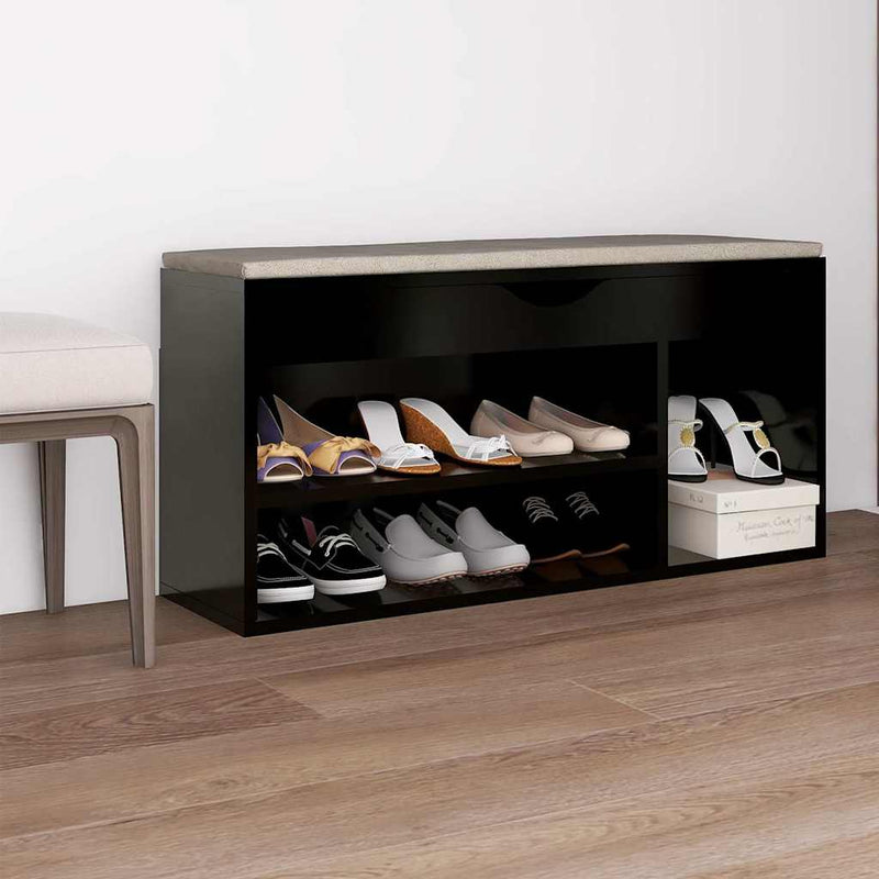 Vidaxl schoenenbank met kussen 104x30x49 cm bewerkt hout zwart