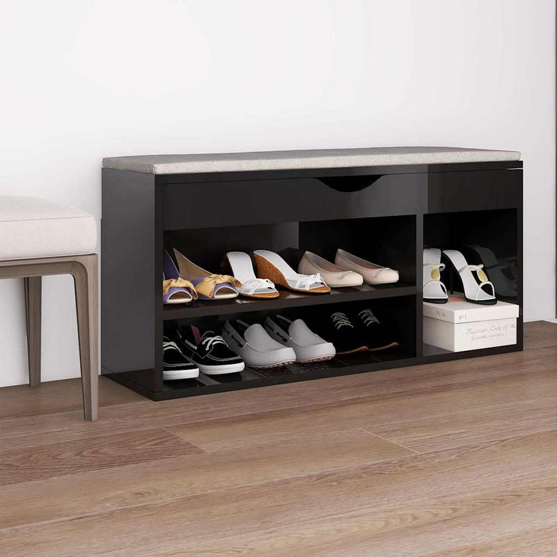 Vidaxl schoenenbank met kussen 104x30x49 cm hout hoogglans zwart