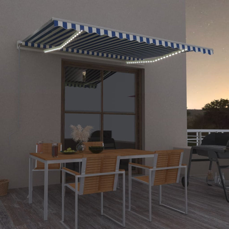 Vidaxl luifel handmatig uittrekbaar met led 400x300 cm blauw en wit