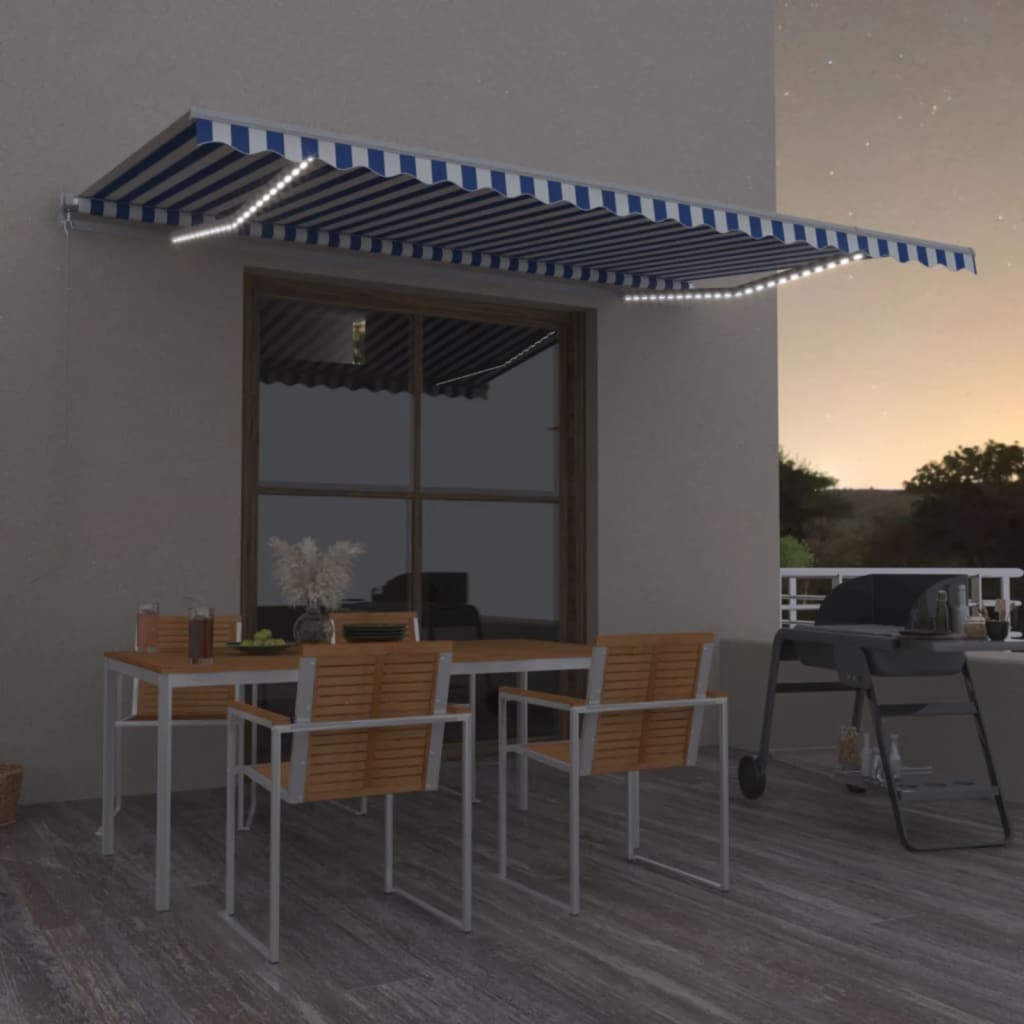 VidaXL Luifel handmatig uittrekbaar met LED 500x350 cm blauw en wit