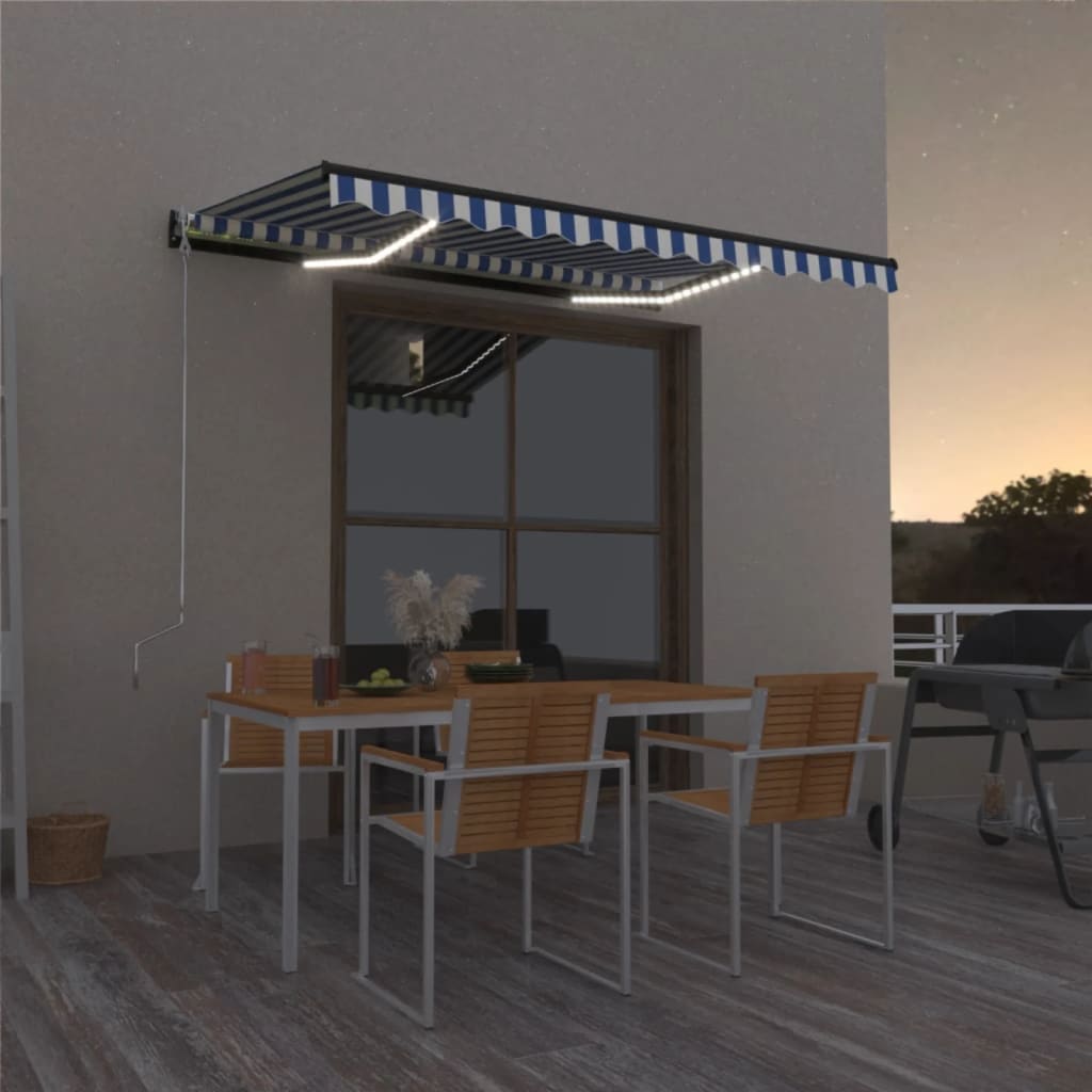 Vidaxl luifel handmatig uittrekbaar met led 400x300 cm blauw en wit