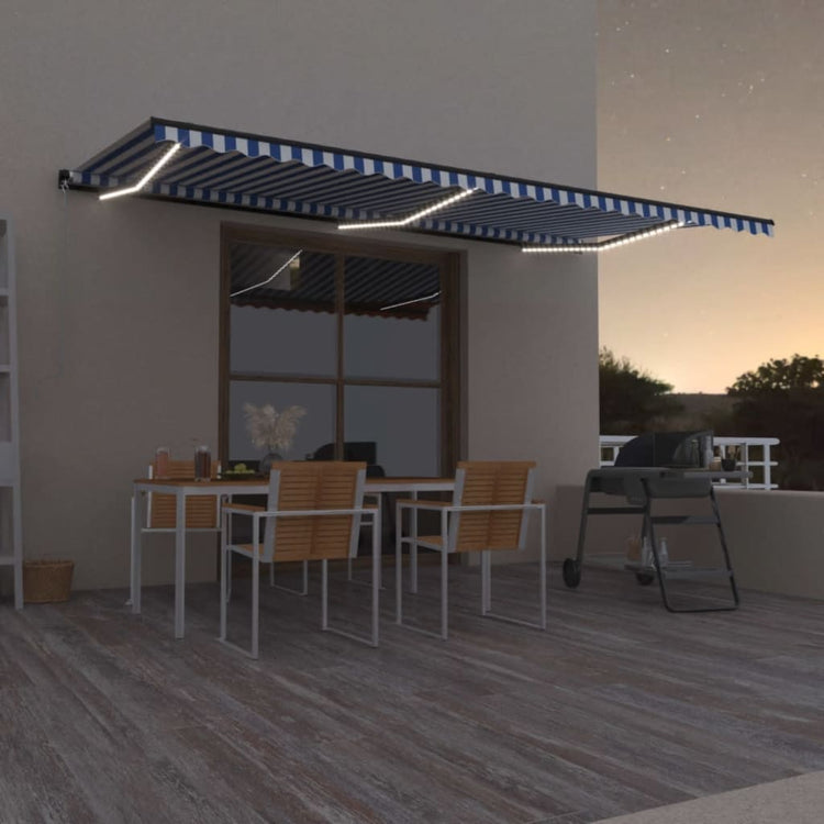 VidaXL Luifel handmatig uittrekbaar met LED 600x350 cm blauw en wit