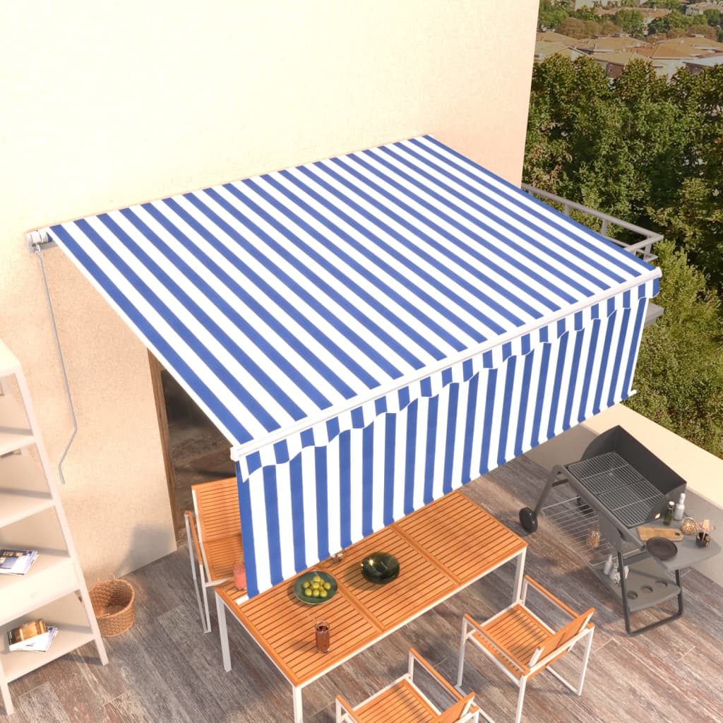Vidaxl luifel handmatig uittrekbaar met rolgordijn 4x3 m blauw en wit