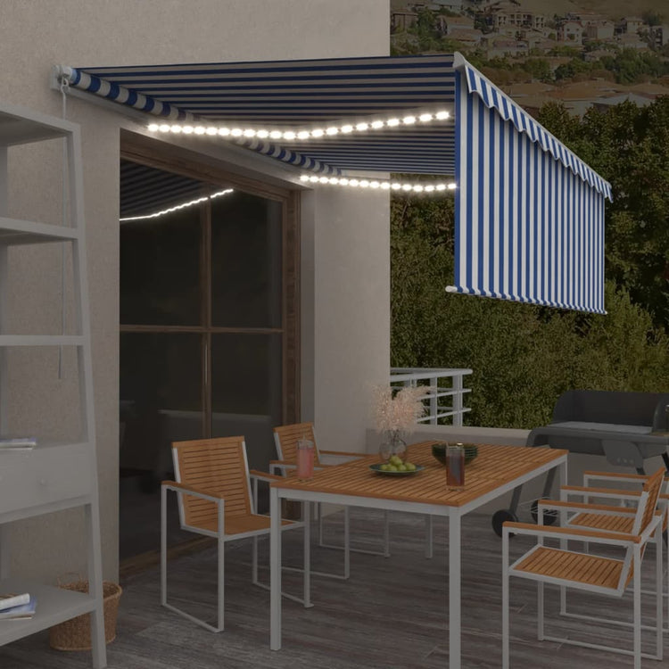 VidaXL Luifel handmatig uittrekbaar rolgordijn LED 4,5x3 m blauw wit