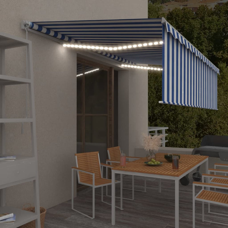 VidaXL Luifel handmatig uittrekbaar met rolgordijn LED 5x3 m blauw wit