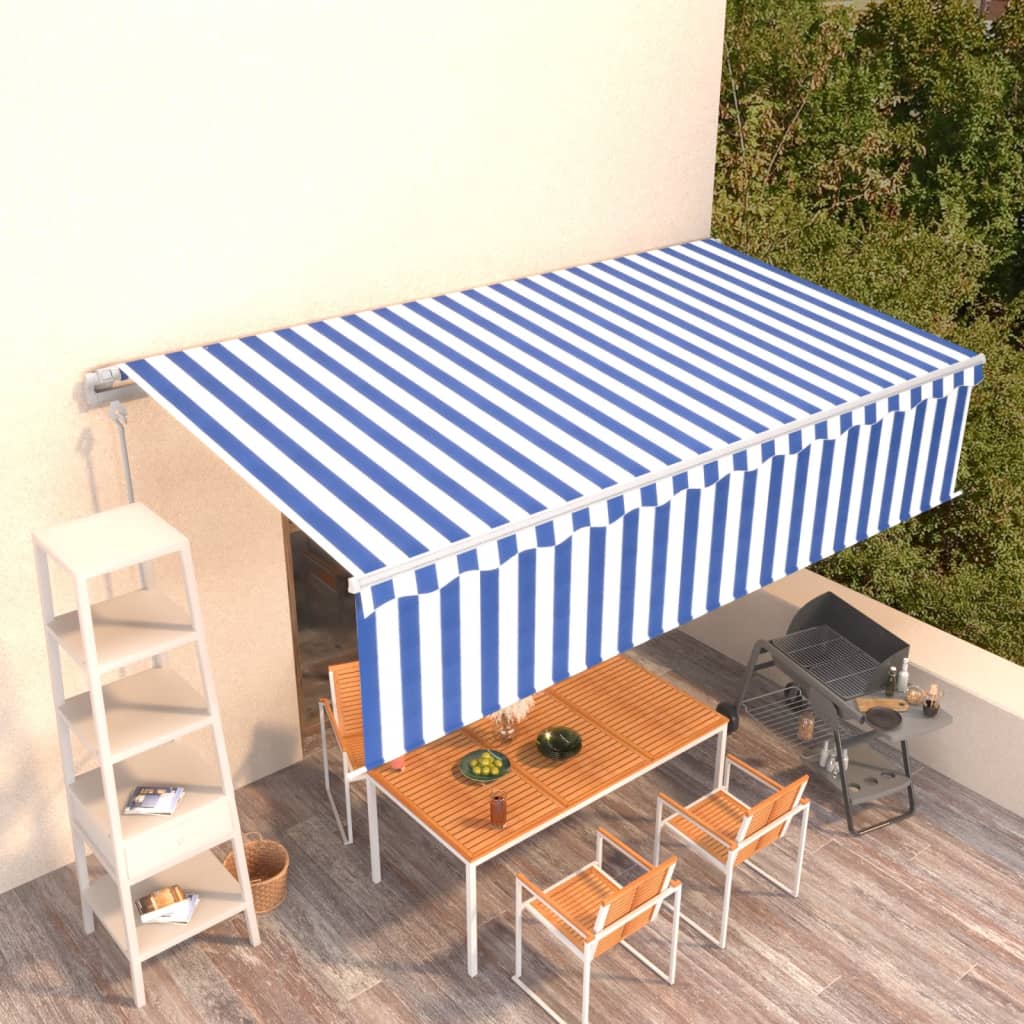 VidaXL Luifel automatisch uittrekbaar met rolgordijn 6x3 m blauw wit
