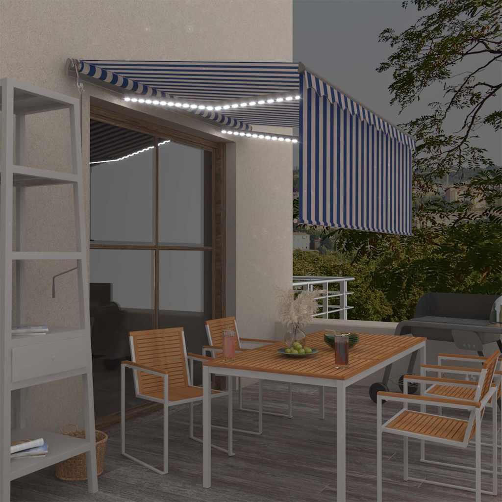 Vidaxl luifel automatisch met gordijn led windsensor 3x2,5 m blauw wit