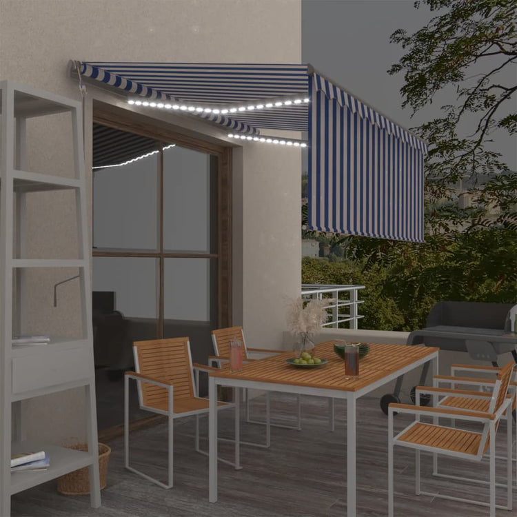 VidaXL Luifel met rolgordijn, LED en windsensor 3,5x2,5 m blauw en wit