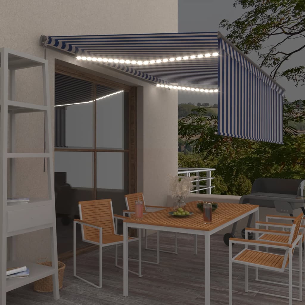 VidaXL Luifel handmatig uittrekbaar met rolgordijn LED 4x3 m blauw wit