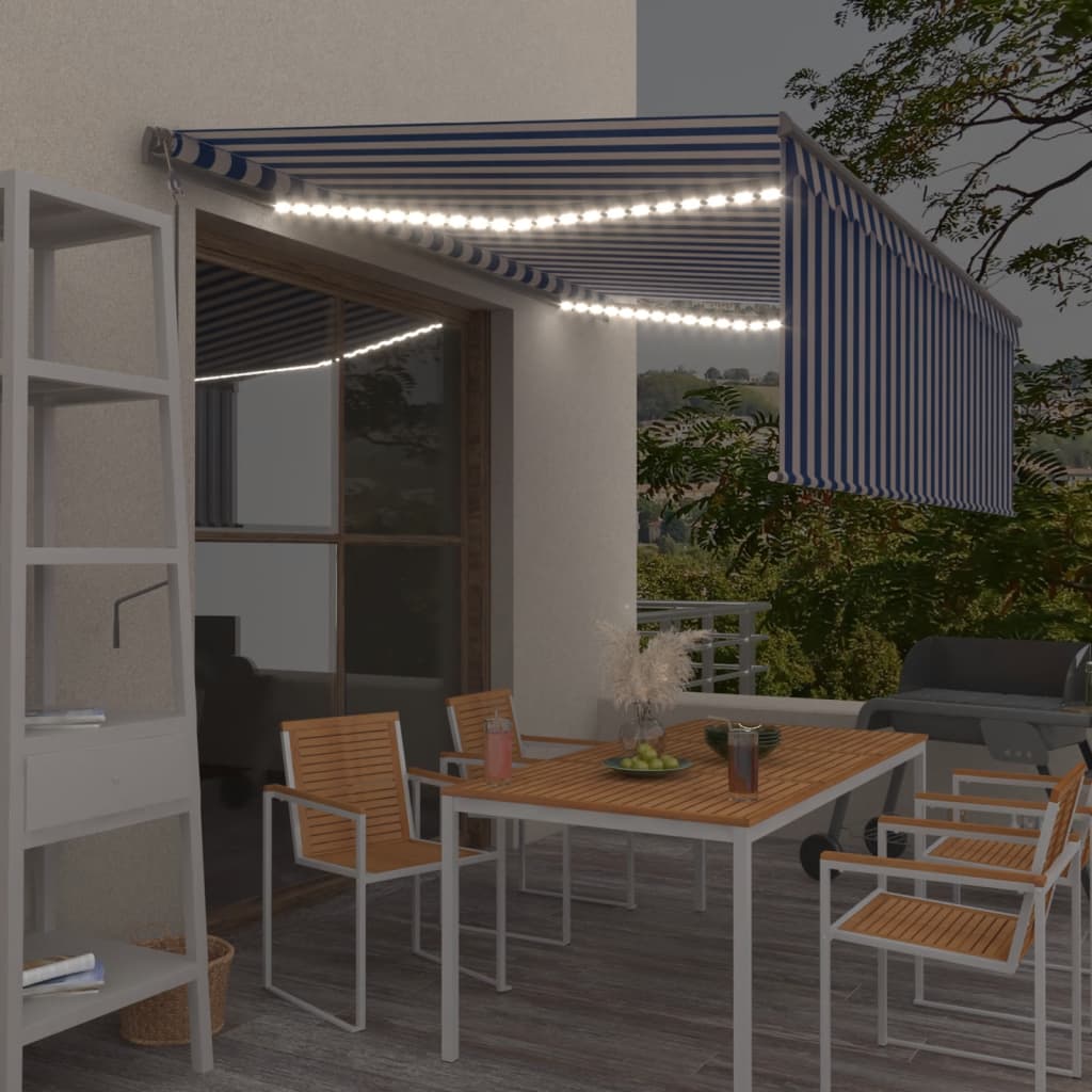 VidaXL Luifel met rolgordijn, LED en windsensor 4,5x3 m blauw en wit