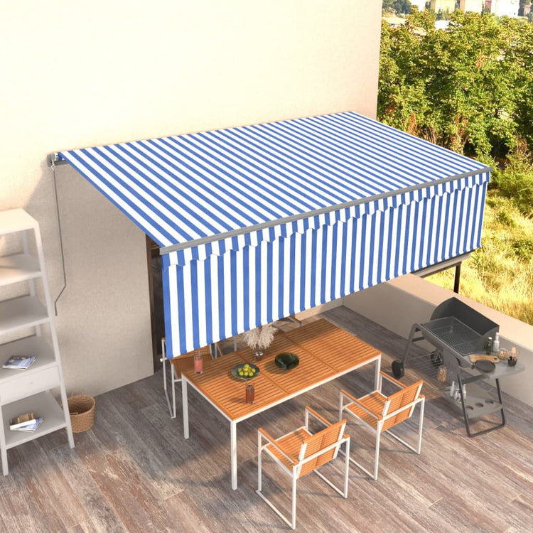 VidaXL Luifel handmatig uittrekbaar met rolgordijn 5x3 m blauw en wit