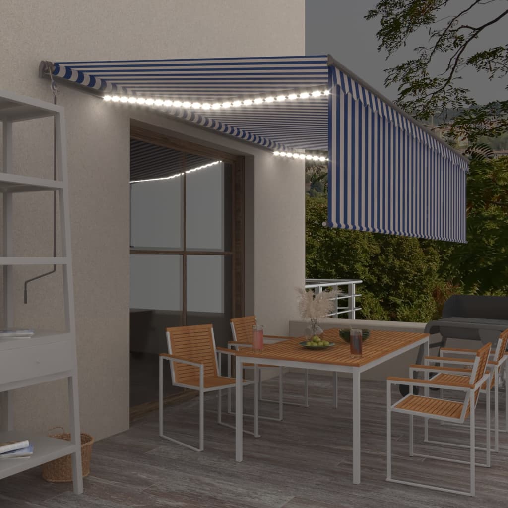 VidaXL Luifel handmatig uittrekbaar met rolgordijn LED 5x3 m blauw wit