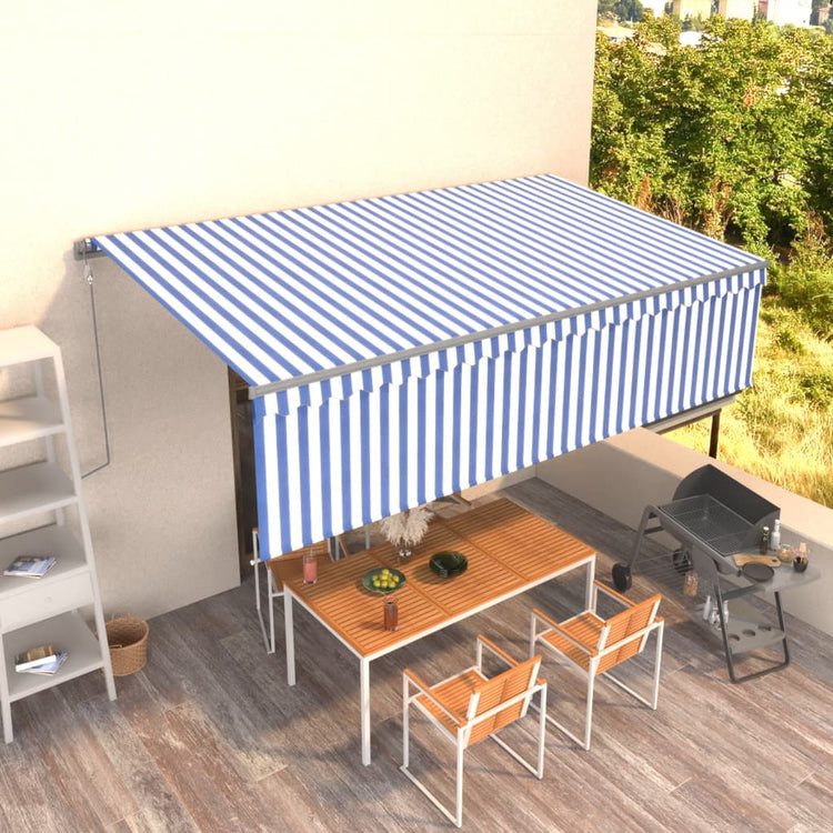 VidaXL Luifel automatisch uittrekbaar met rolgordijn 5x3m blauw en wit