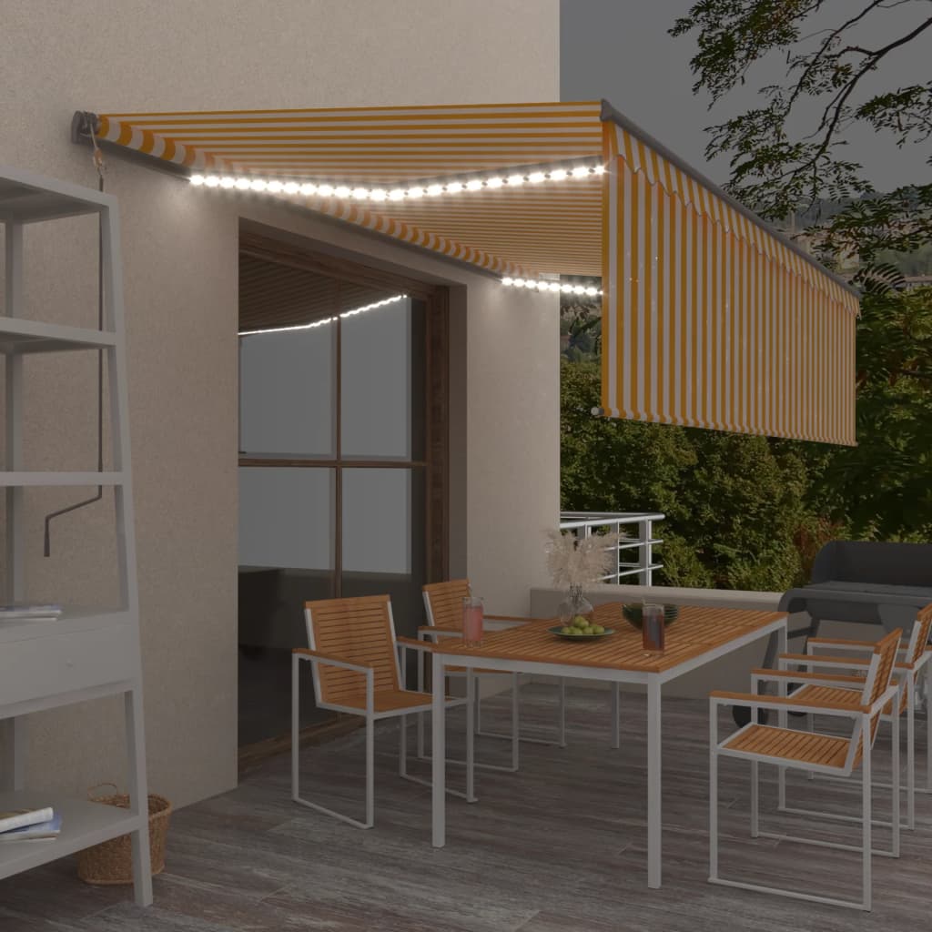 VidaXL Luifel automatisch rolgordijn LED windsensor 5x3 m geel en wit