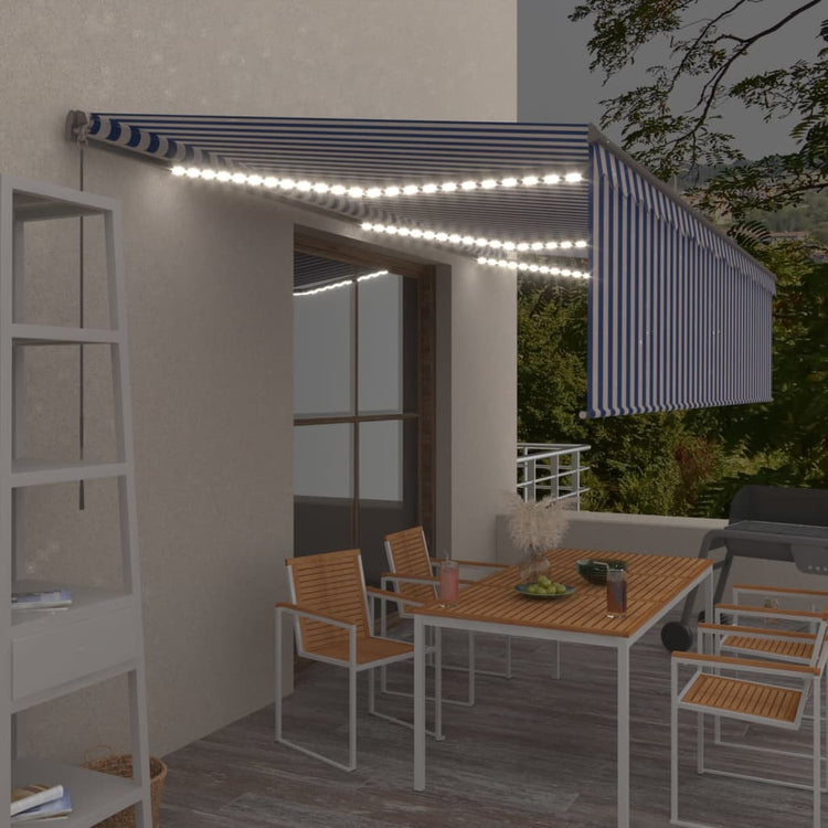 VidaXL Luifel handmatig uittrekbaar met rolgordijn LED 6x3 m blauw wit