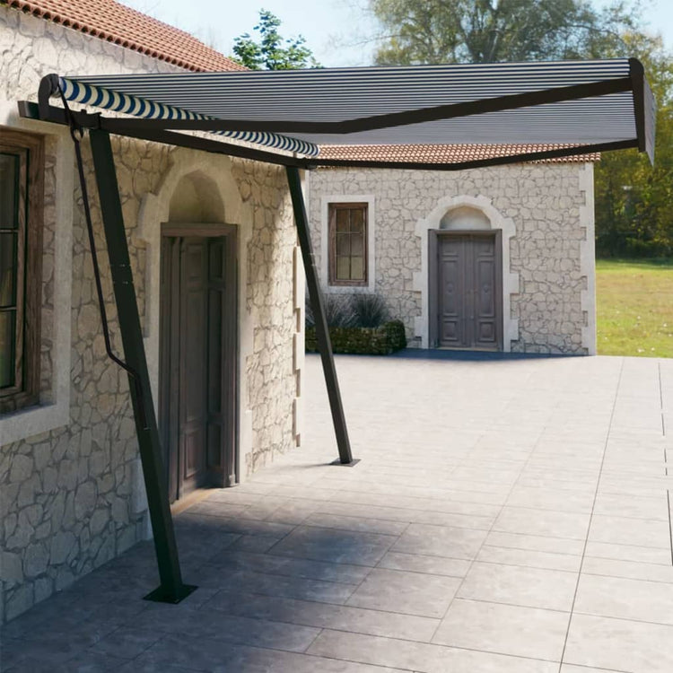 VidaXL Luifel handmatig uittrekbaar met palen 4x3 m blauw en wit
