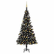 Vidaxl kunstkerstboom met verlichting en kerstballen 210 cm pvc zwart - afbeelding 1