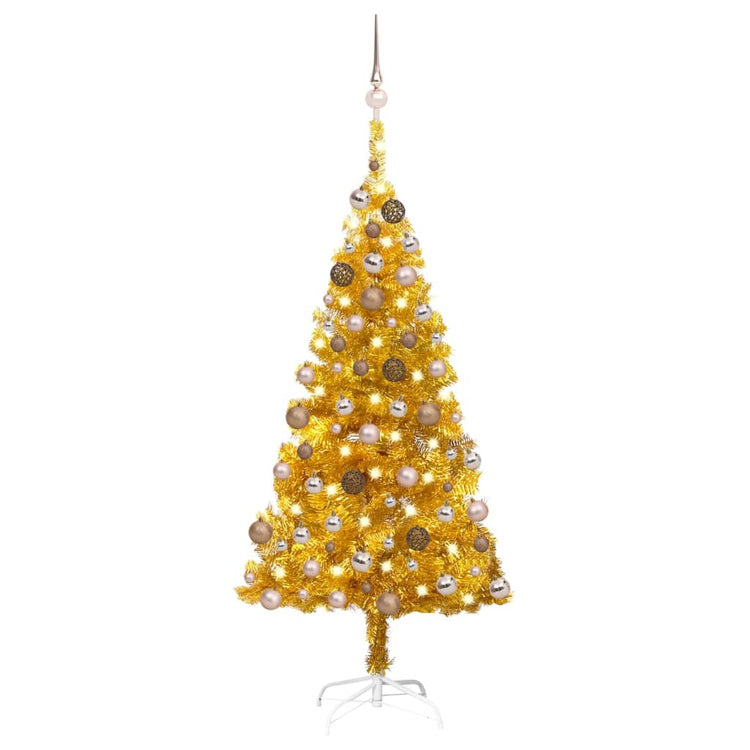 VidaXL Kunstkerstboom met verlichting en kerstballen 150 cm PET goud