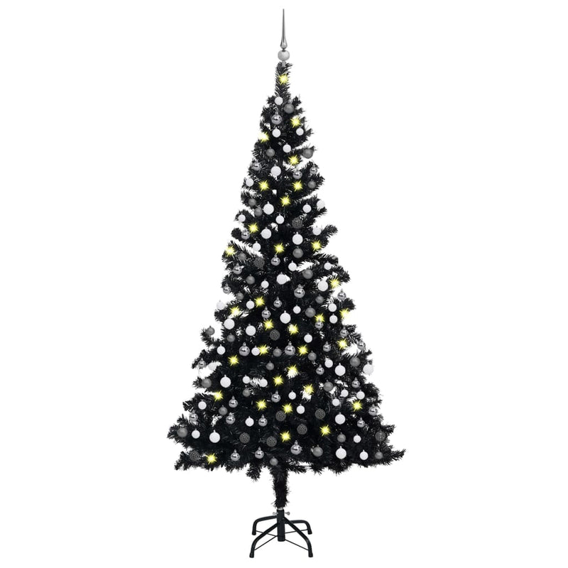 VidaXL Kunstkerstboom met verlichting en kerstballen 210 cm PVC zwart