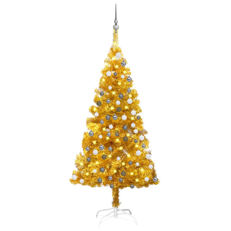 VidaXL Kunstkerstboom met verlichting en kerstballen 150 cm PET goud