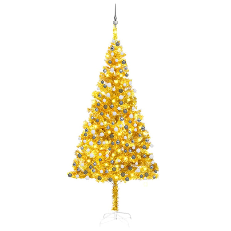 VidaXL Kunstkerstboom met verlichting en kerstballen 210 cm PET goud
