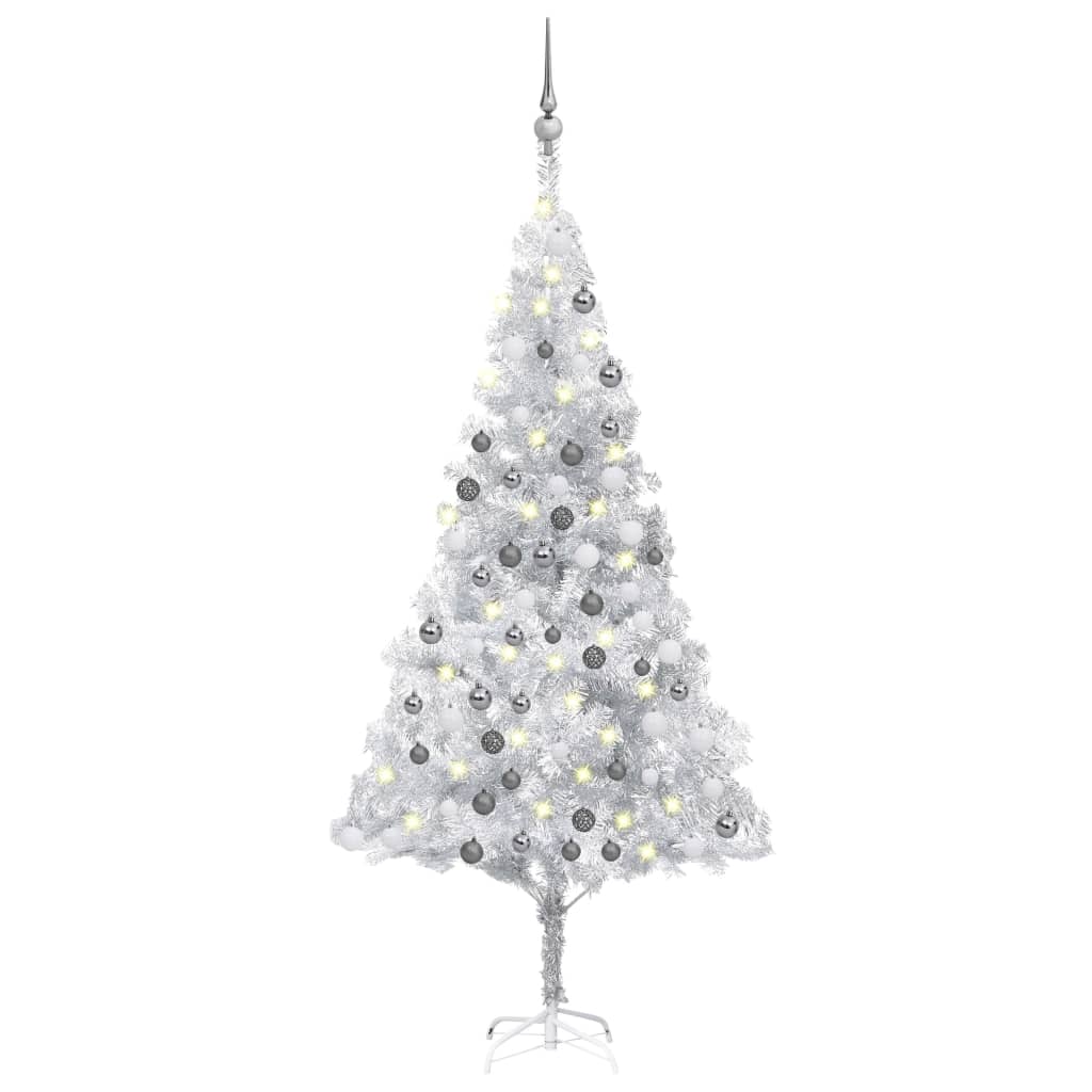 VidaXL Kunstkerstboom met verlichting en kerstballen 180 cm PET zilver