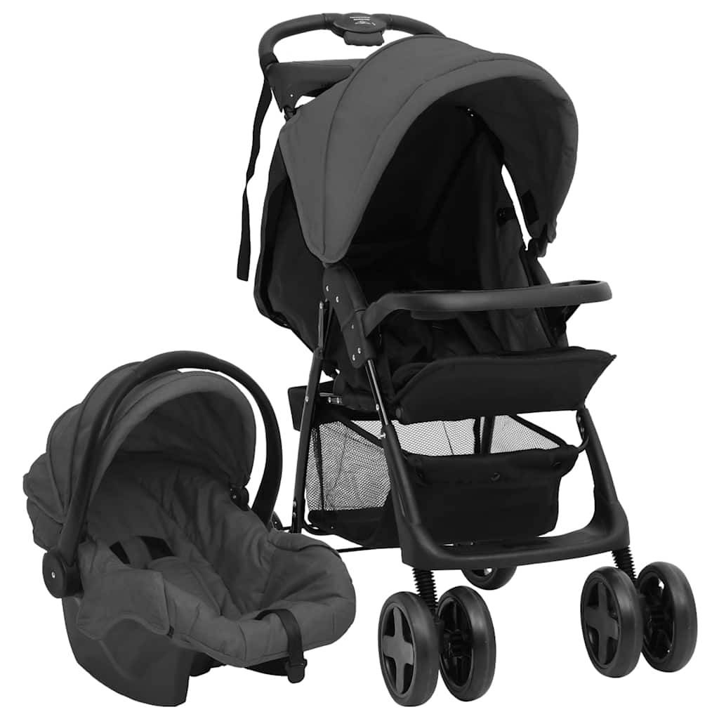 Vidaxl kinderwagen 3-in-1 staal donkergrijs en zwart
