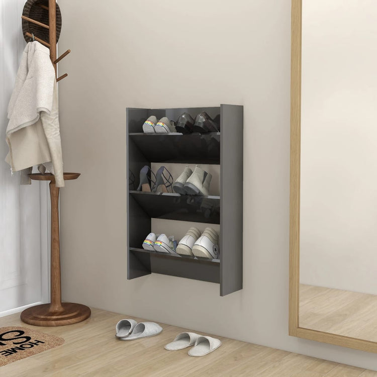 Vidaxl wandschoenenkast 60x18x90 cm bewerkt hout hoogglans grijs