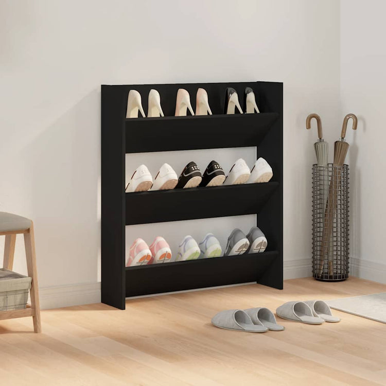 Vidaxl wandschoenenkast 80x18x90 cm bewerkt hout zwart