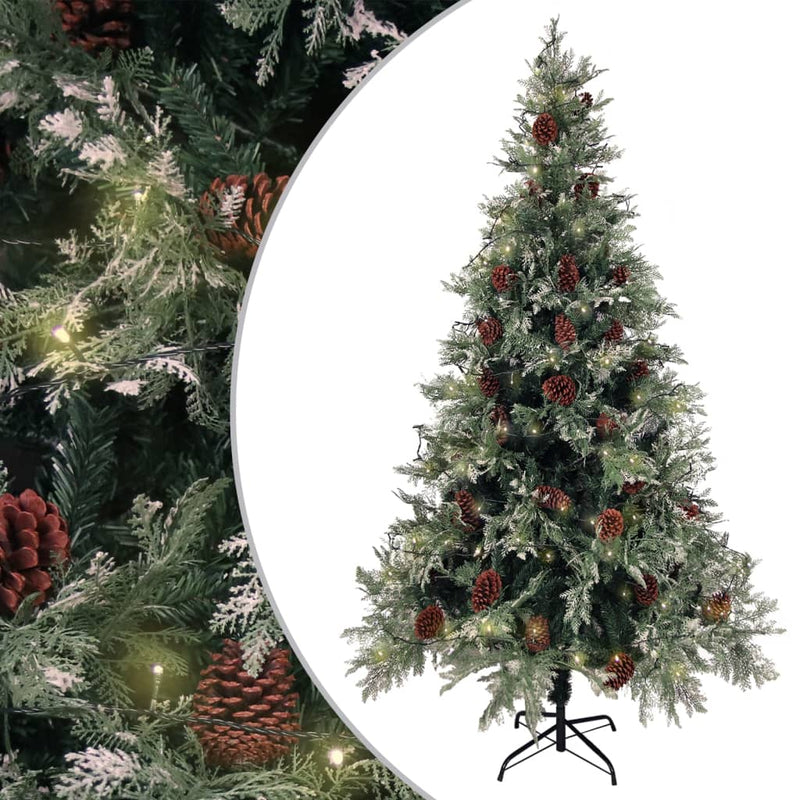 Vidaxl kerstboom met led en dennenappels 195 cm pvc en pe groen en wit