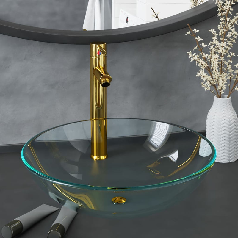 Vidaxl wastafel met kraan en pop-up afvoer gehard glas transparant