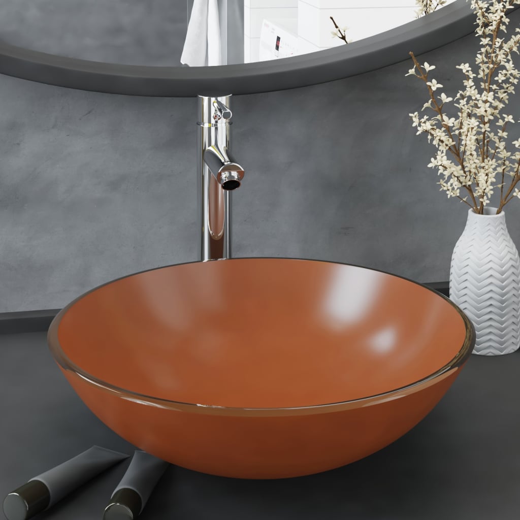 Vidaxl wastafel met kraan en pop-up afvoer gehard glas bruin