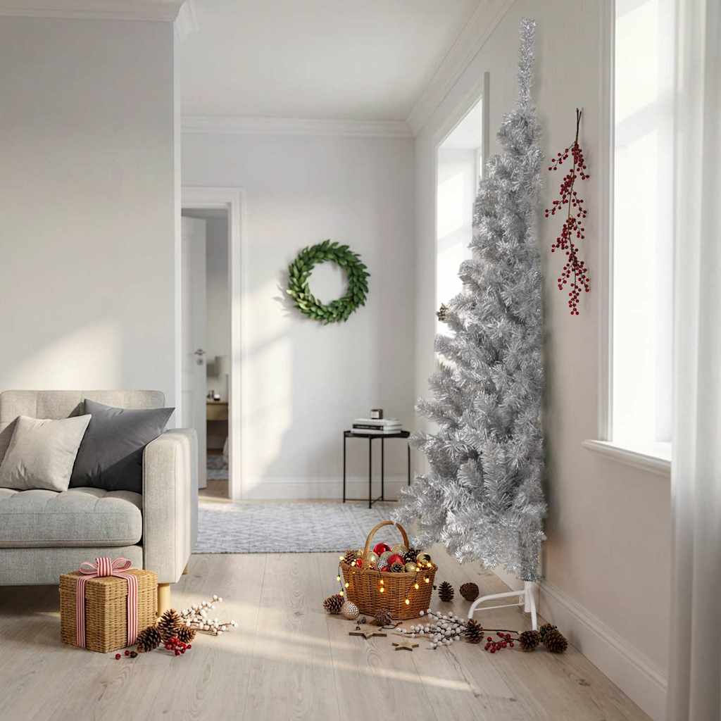 Vidaxl kunstkerstboom half met standaard 240 cm pet zilverkleurig